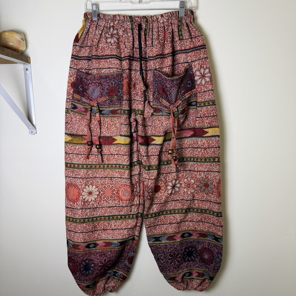 Women's Boho Harem Pants ONE SIZE Drawstring Elastic Waist Burgandy Pockets